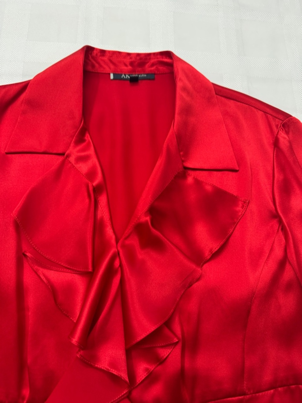 Anne Klein Red Satin Ruffled Button-Front Blouse - Picture 10 of 16